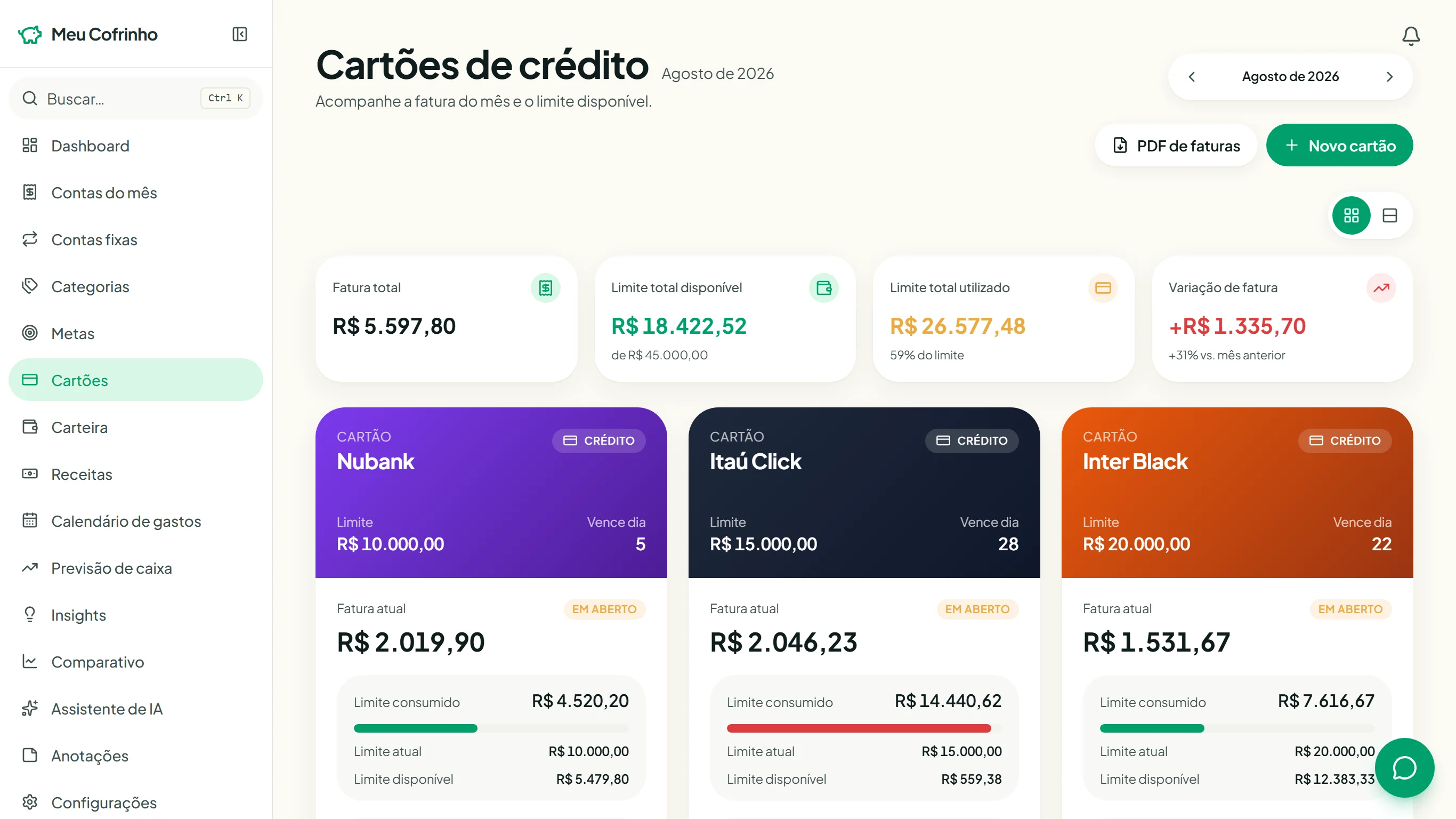 Acompanhe cada cartão sem perder o limite de vista