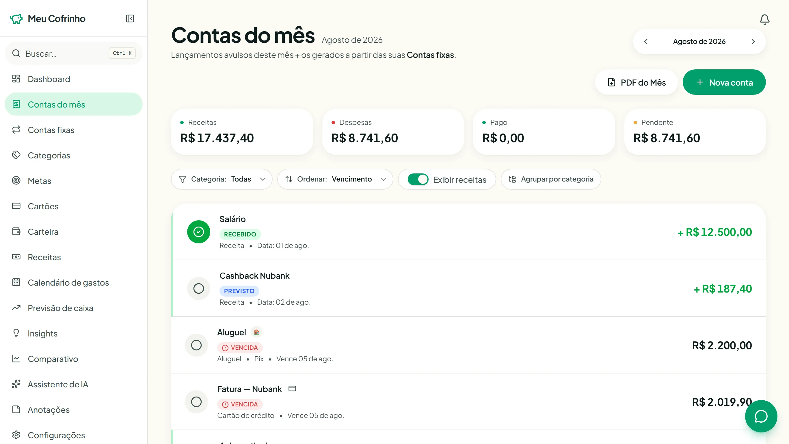 Toda fatura do mês em uma lista clara