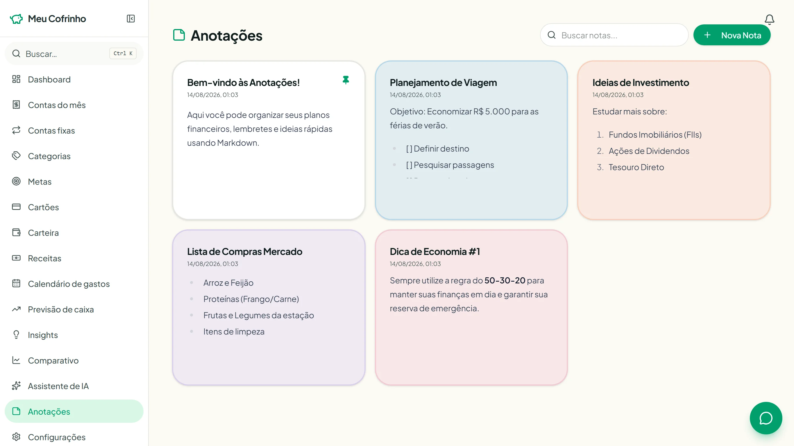 Organize seus planos financeiros e lembretes